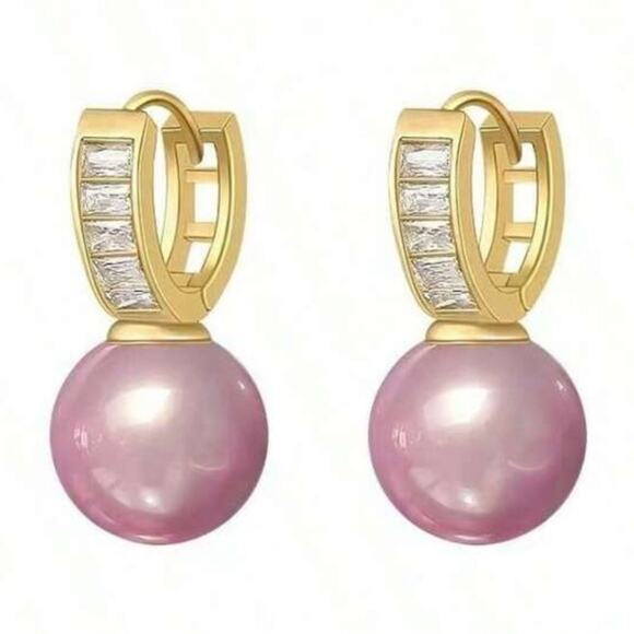 Pink Pearl Rhinestone Hoop Earrings - Picture 1 of 3